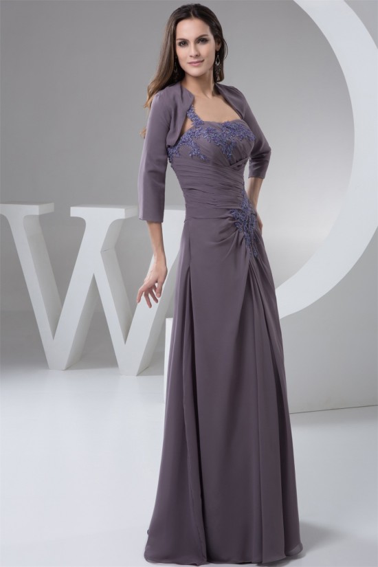 A-Line One-Shoulder Floor-Length Chiffon Lace Mother of the Bride Dresses with A 3/4 Sleeve Jacket 2040137
