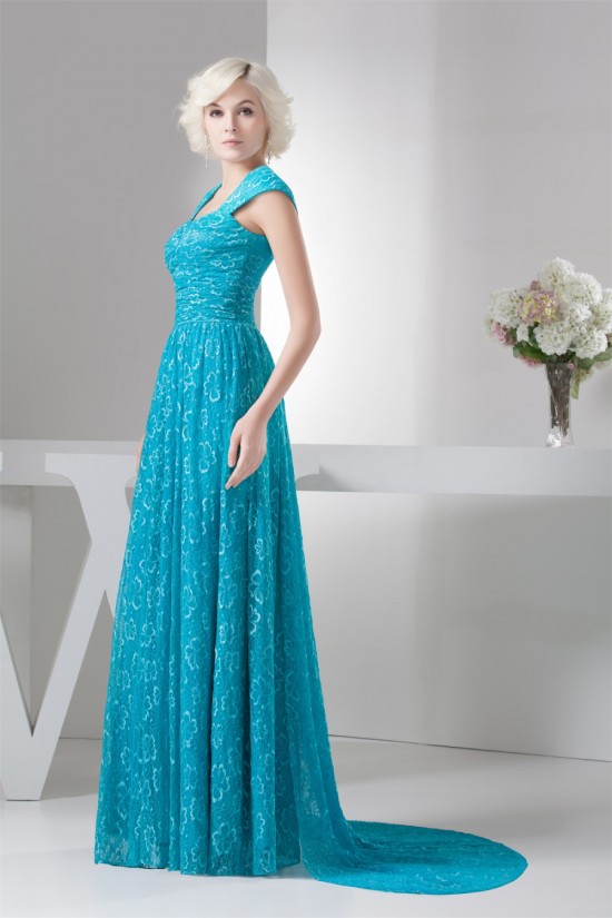 Sheath/Column Brush Sweep Train Cap Sleeve Long Blue Lace Mother of the Bride Dresses 2040141