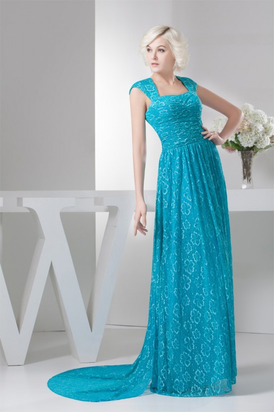 Sheath/Column Brush Sweep Train Cap Sleeve Long Blue Lace Mother of the Bride Dresses 2040141