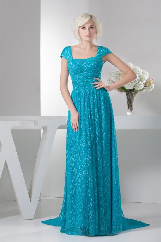 Sheath/Column Brush Sweep Train Cap Sleeve Long Blue Lace Mother of the Bride Dresses 2040141