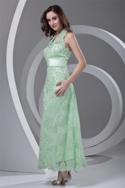 Ankle-Length Satin Lace Appliques Sleeveless Halter Mother of the Bride Dresses 2040165