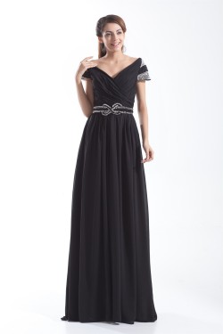Sheath/Column V-Neck Long Black Chiffon Beading Mother of the Bride Dresses 2040172