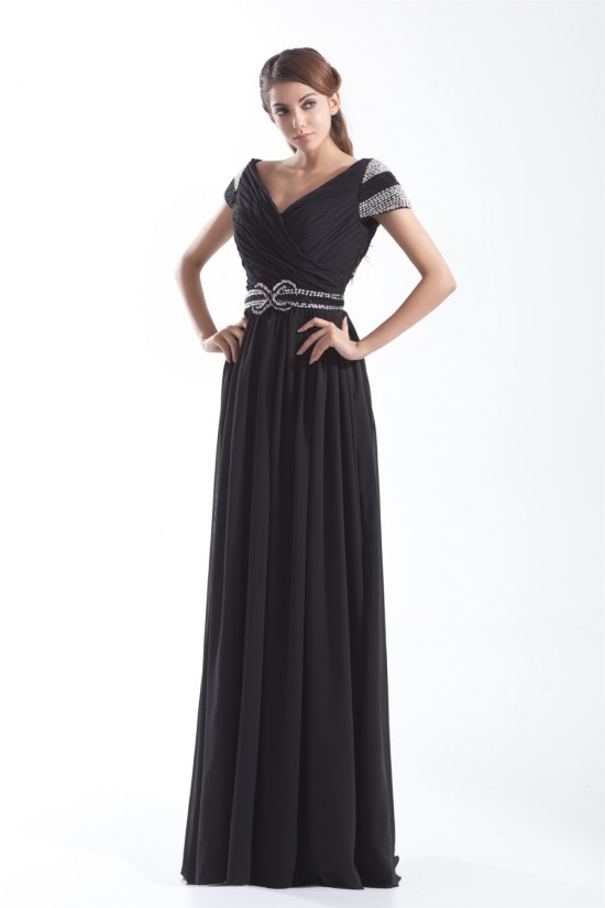 Sheath/Column V-Neck Long Black Chiffon Beading Mother of the Bride Dresses 2040172