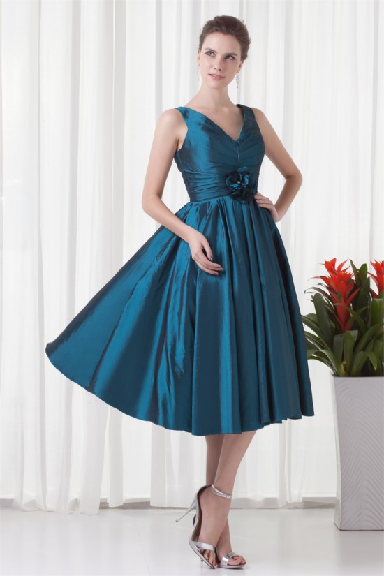 A-Line V-Neck Handmade Flowers Sleeveless Tea Length Mother of the Bride Dresses 2040181