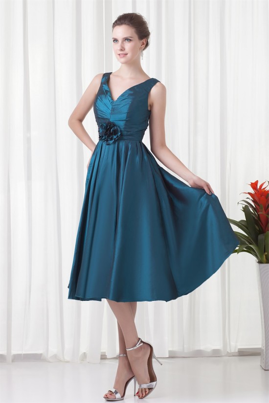 A-Line V-Neck Handmade Flowers Sleeveless Tea Length Mother of the Bride Dresses 2040181