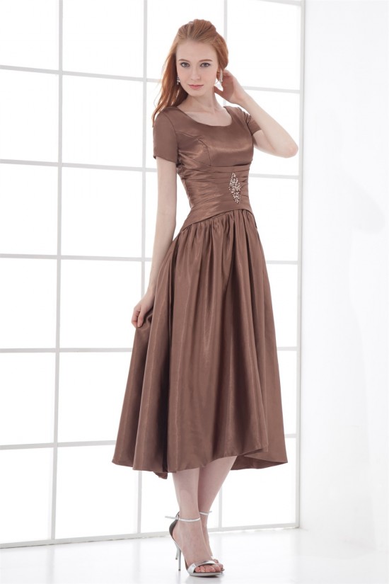 A-Line Short Scoop Elastic Woven Satin Tea Length Mother of the Bride Dresses 2040189