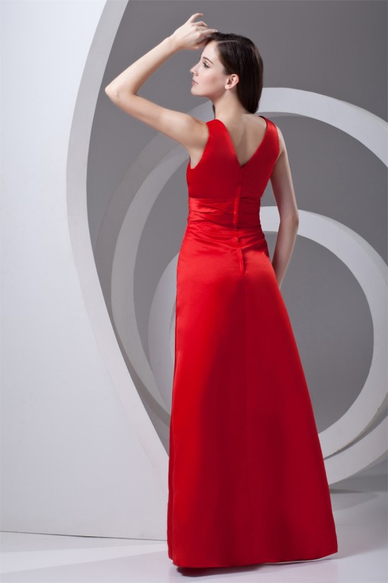 Sleeveless Sheath/Column V-Neck Pleats Satin Floor-Length Mother of the Bride Dresses 2040196