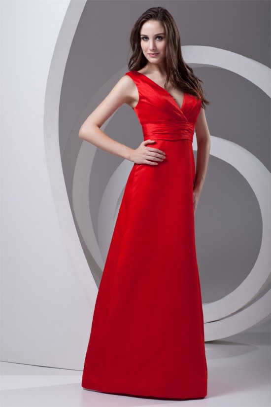 Sleeveless Sheath/Column V-Neck Pleats Satin Floor-Length Mother of the Bride Dresses 2040196