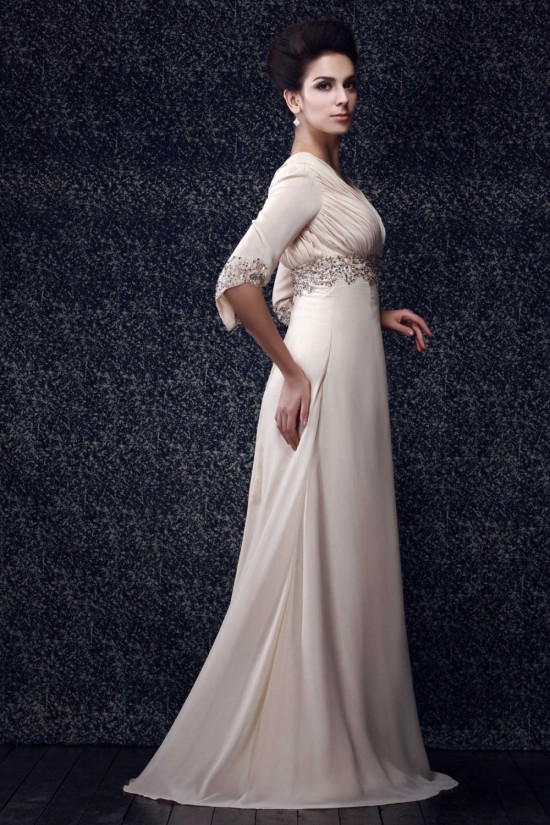 A-Line V-Neck Beaded Long Chiffon Mother of the Bride Dresses 2040220