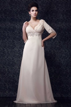 A-Line V-Neck Beaded Long Chiffon Mother of the Bride Dresses 2040220