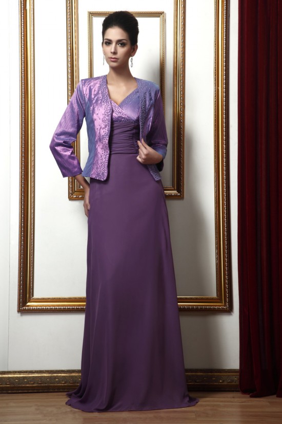 A-Line V-Neck Beaded Long Mother of the Bride Dresses with A Jacket 2040225