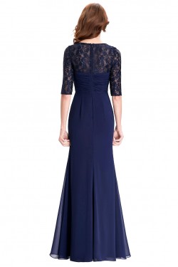 Long Navy Blue Half Sleeves Lace Chiffon Mother of The Bride Dresses 3040001