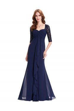 Long Navy Blue Half Sleeves Lace Chiffon Mother of The Bride Dresses 3040001