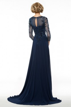 Long Navy Blue 3/4 Length Sleeves Beaded Chiffon Mother of The Bride Dresses 3040002