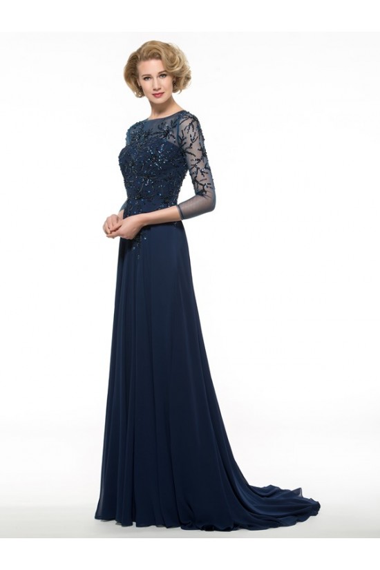 Long Navy Blue 3/4 Length Sleeves Beaded Chiffon Mother of The Bride Dresses 3040002