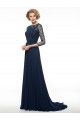 Long Navy Blue 3/4 Length Sleeves Beaded Chiffon Mother of The Bride Dresses 3040002