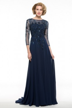 Long Navy Blue 3/4 Length Sleeves Beaded Chiffon Mother of The Bride Dresses 3040002