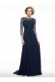 Long Navy Blue 3/4 Length Sleeves Beaded Chiffon Mother of The Bride Dresses 3040002