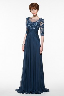 Half Sleeves Illusion Neckline Lace Appliques Chiffon Mother of The Bride Dresses 3040005