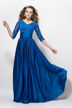 A-Line Long Blue V-Neck 3/4 Length Sleeves Lace Mother of The Bride Dresses 3040007