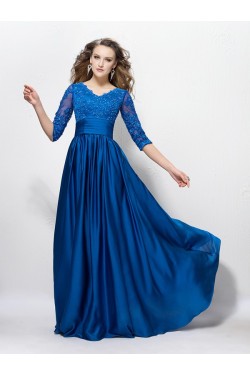 A-Line Long Blue V-Neck 3/4 Length Sleeves Lace Mother of The Bride Dresses 3040007