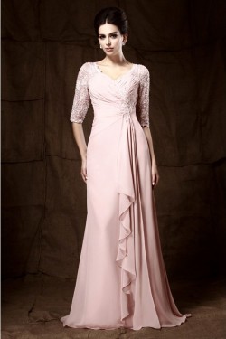 Long Pink Lace Chiffon Half Sleeves Floor Length Mother of The Bride Dresses 3040009