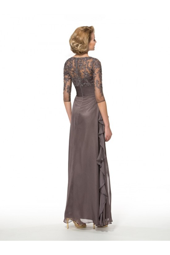Long V-Neck Lace Chiffon 3/4 Length Sleeves Mother of The Bride Dresses 3040013