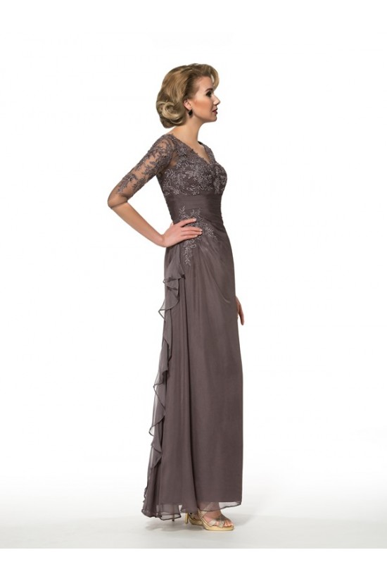 Long V-Neck Lace Chiffon 3/4 Length Sleeves Mother of The Bride Dresses 3040013