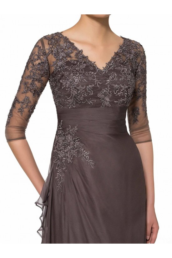 Long V-Neck Lace Chiffon 3/4 Length Sleeves Mother of The Bride Dresses 3040013