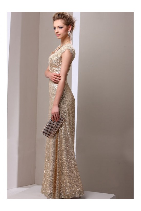Sheath Gold Sequins Lace V-Neck Long Mother of The Bride Dresses 3040014