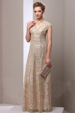 Sheath Gold Sequins Lace V-Neck Long Mother of The Bride Dresses 3040014