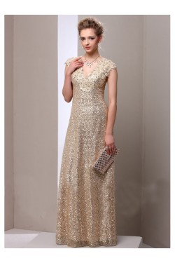 Sheath Gold Sequins Lace V-Neck Long Mother of The Bride Dresses 3040014