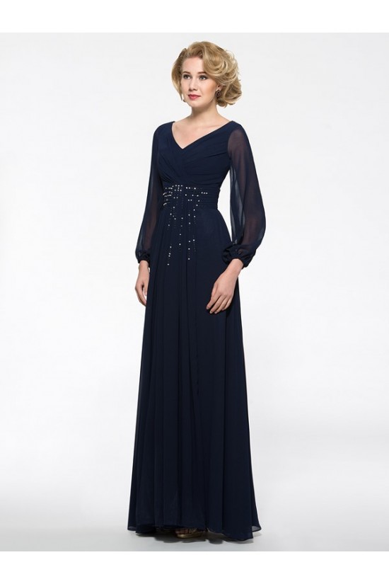 Long Sleeves V-Neck Chiffon Mother of The Bride Dresses 3040016