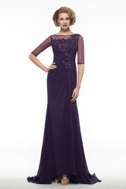 Half Sleeves Illusion Neckline Lace Chiffon Long Purple Mother of The Bride Dresses 3040020