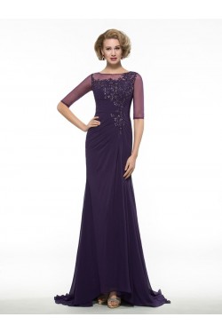 Half Sleeves Illusion Neckline Lace Chiffon Long Purple Mother of The Bride Dresses 3040020