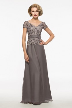 A-Line Short Sleeves Lace Chiffon V-Neck Mother of The Bride Dresses 3040021