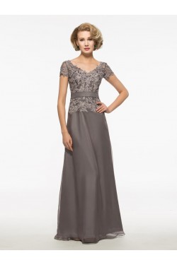 A-Line Short Sleeves Lace Chiffon V-Neck Mother of The Bride Dresses 3040021