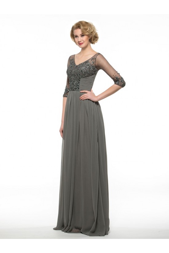 Beaded Crystal Chiffon V-Neck Long Mother of The Bride Dresses 3040023