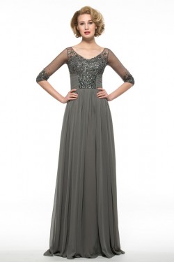 Beaded Crystal Chiffon V-Neck Long Mother of The Bride Dresses 3040023