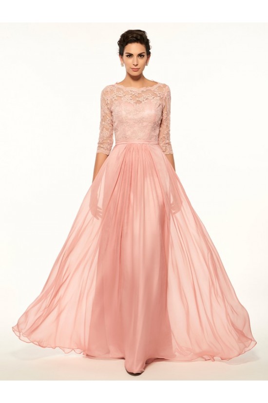 A-Line Bateau Half Sleeves Lace Chiffon Long Mother of The Bride Dresses 3040026