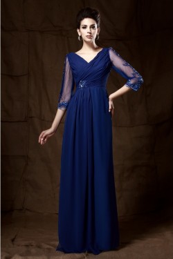 Long Blue 3/4 Length Sleeves Lace Chiffon Long Mother of The Bride Dresses 3040029