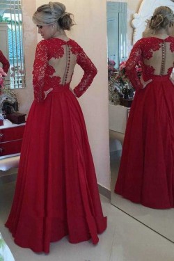 Long Red Long Sleeves Low V-Neck Lace Long Mother of The Bride Dresses 3040031