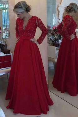 Long Red Long Sleeves Low V-Neck Lace Long Mother of The Bride Dresses 3040031