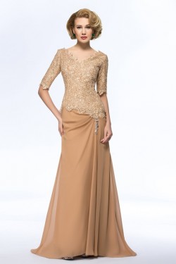 Long Half Sleeves V-Neck Lace Chiffon Long Mother of The Bride Dresses 3040033