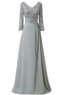 Long 3/4 Length Sleeves V-Neck Lace Chiffon Long Mother of The Bride Dresses 3040034