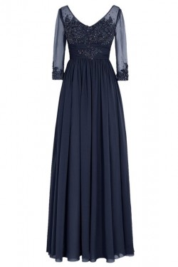 Long Navy 3/4 Length Sleeves Lace Chiffon Long Mother of The Bride Dresses 3040036