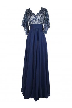 Long Blue V-Neck Lace Chiffon Long Mother of The Bride Dresses 3040037