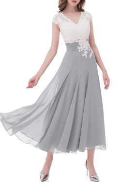 A-Line V-Neck Lace and Chiffon Tea-Length Mother of The Bride Dresses 602013