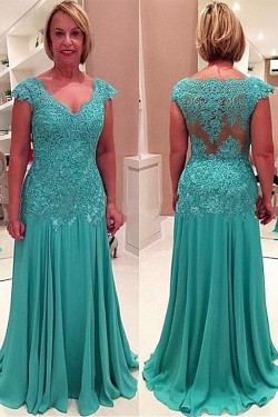Elegant Chiffon Lace Appliques V-Neck Mother of The Bride and Groom Dresses 602016