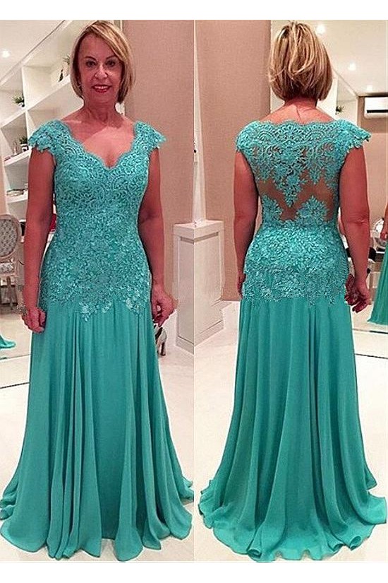 Elegant Chiffon Lace Appliques V-Neck Mother of The Bride and Groom Dresses 602016